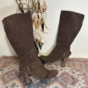 Nine West Brown Suede Leather Knee High Heeled Boots